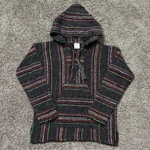 Textiles Mexican Baja Hoodie Multi-Color Striped Boho Jerga Pullover Size M